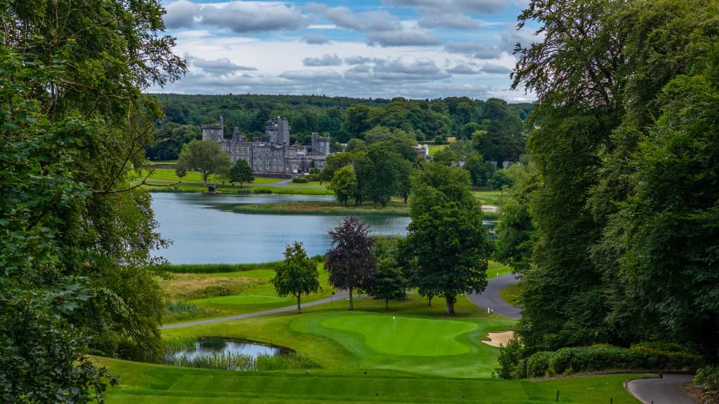 Dromoland Castle overlooking the parkland golf course and lake