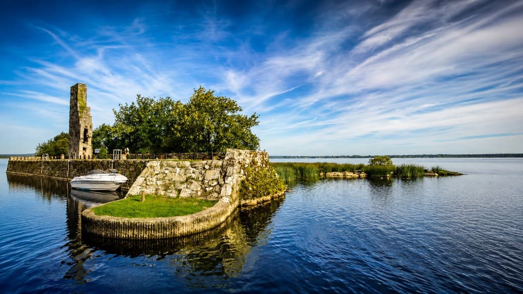 Holy Island round tower on Lough Derg in East Clare